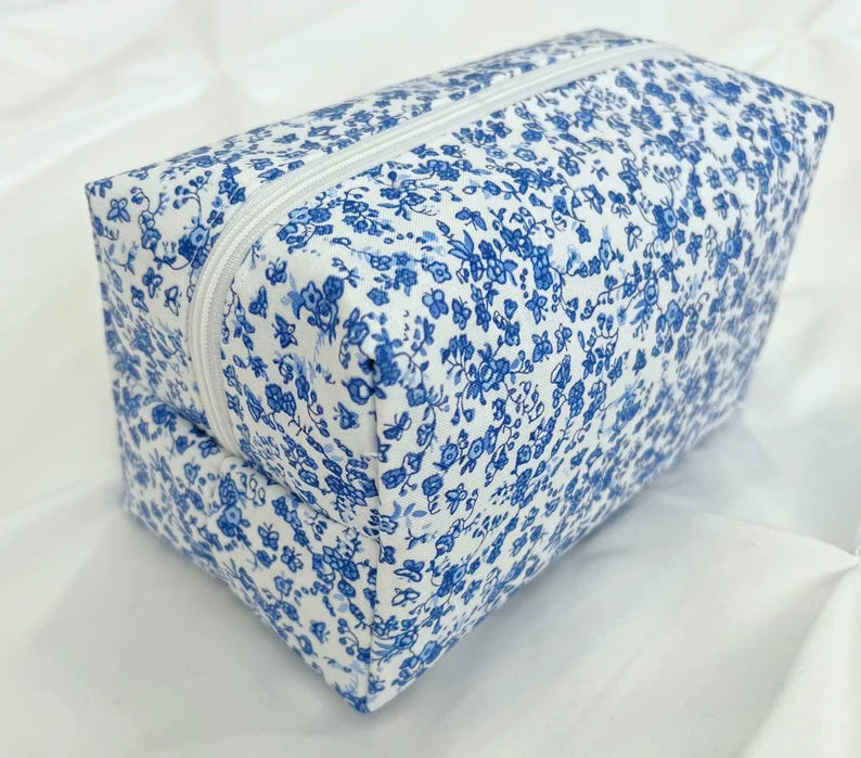 Blue and white floral makeup bag