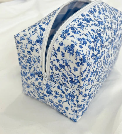 Blue and white floral makeup bag