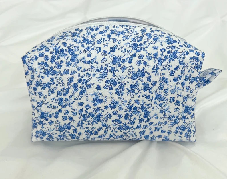 Blue and white floral makeup bag