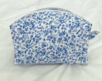 Blue and white floral makeup bag