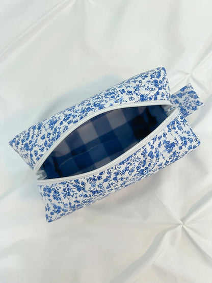 Blue and white floral makeup bag