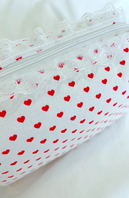 Red heart makeup bag with lace trim