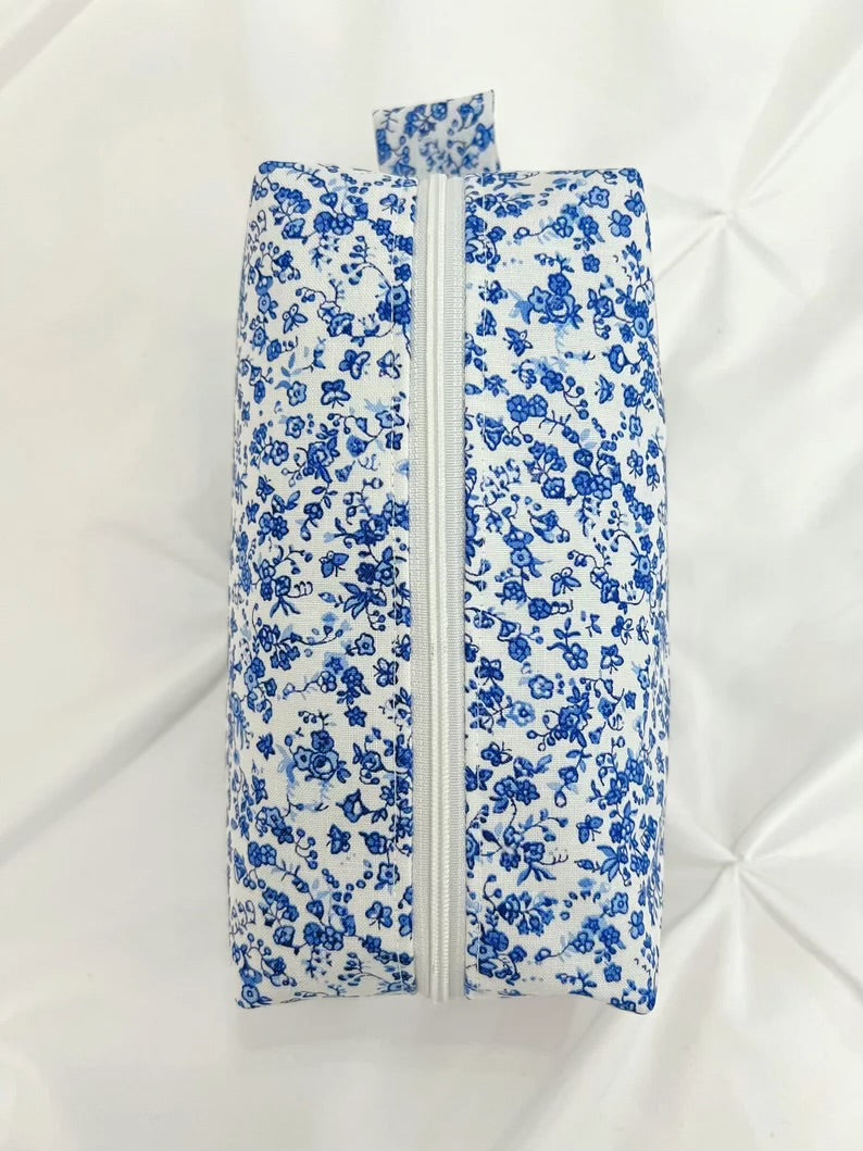 Blue and white floral makeup bag