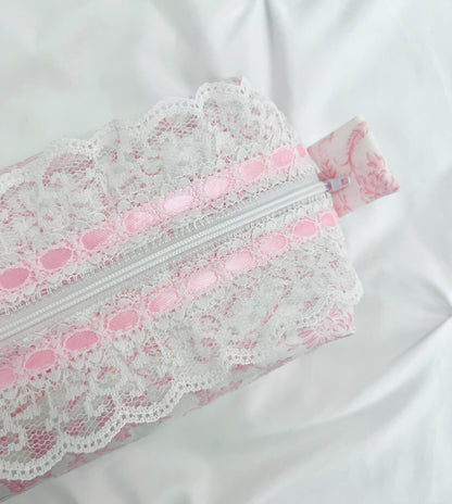 Pink toile makeup bag with white lace trim