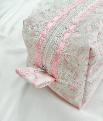 Pink toile makeup bag with white lace trim