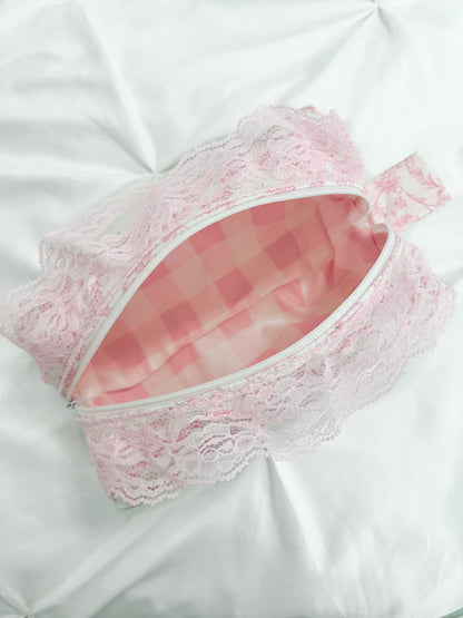 Pink toile makeup bag with pink lace trim