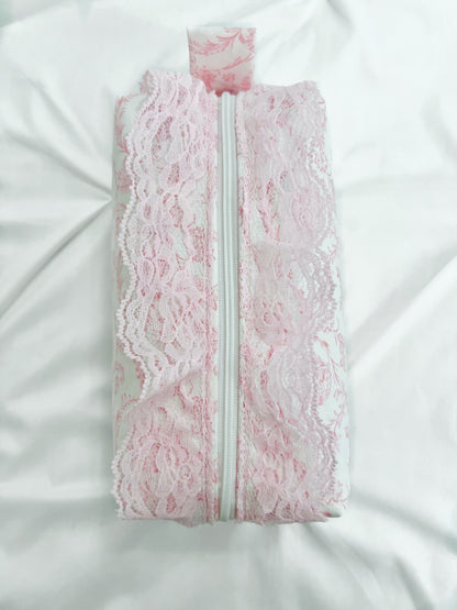 Pink toile makeup bag with pink lace trim
