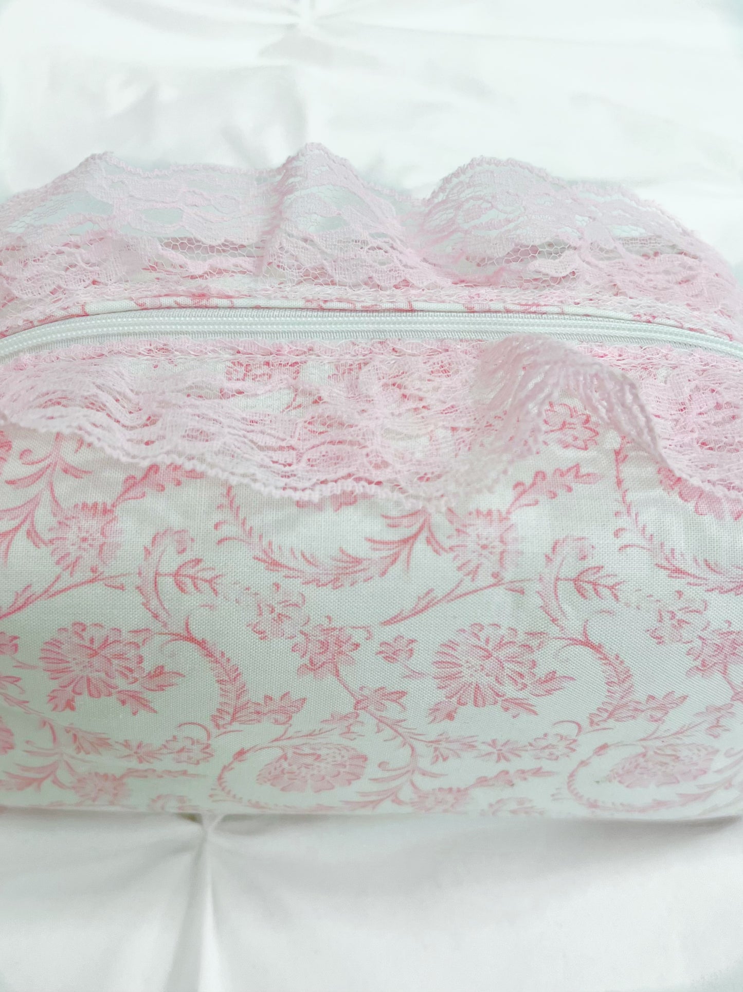 Pink toile makeup bag with pink lace trim