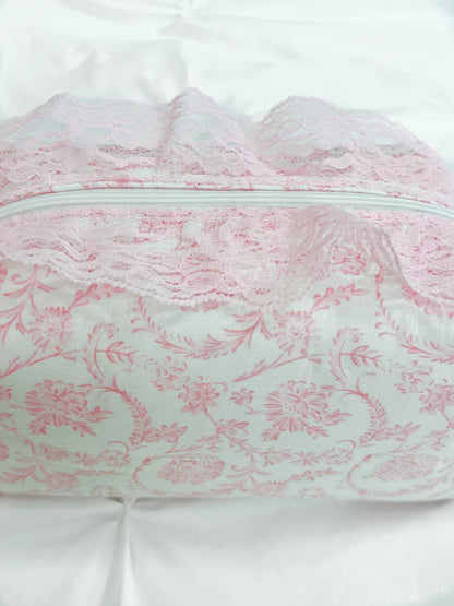 Pink toile makeup bag with pink lace trim