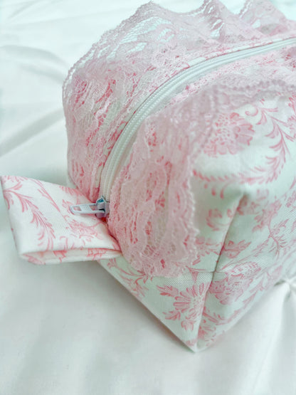 Pink toile makeup bag with pink lace trim