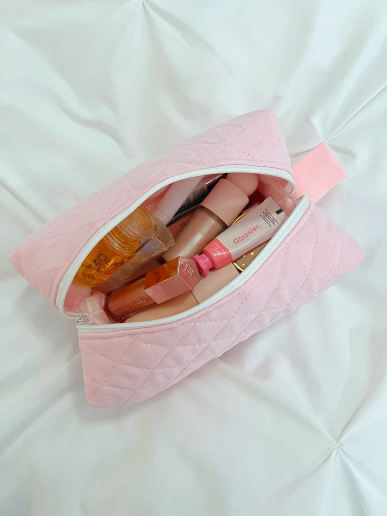 Pink quilted makeup bag